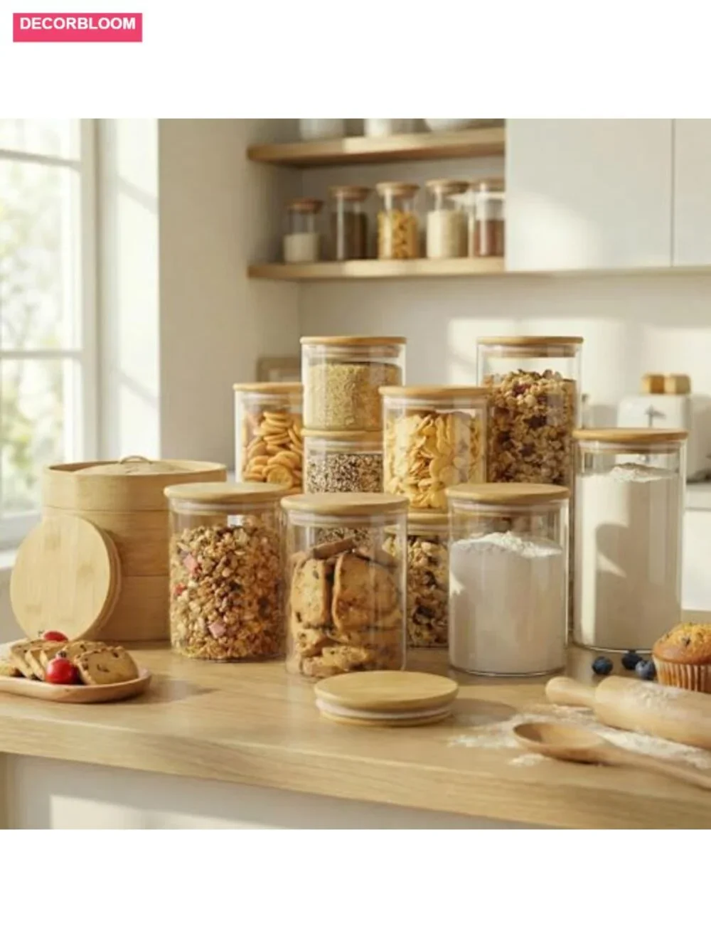 Set of 6 Glass Jars with Bamboo Lids, Airtight Food Storage Canisters, 27 oz